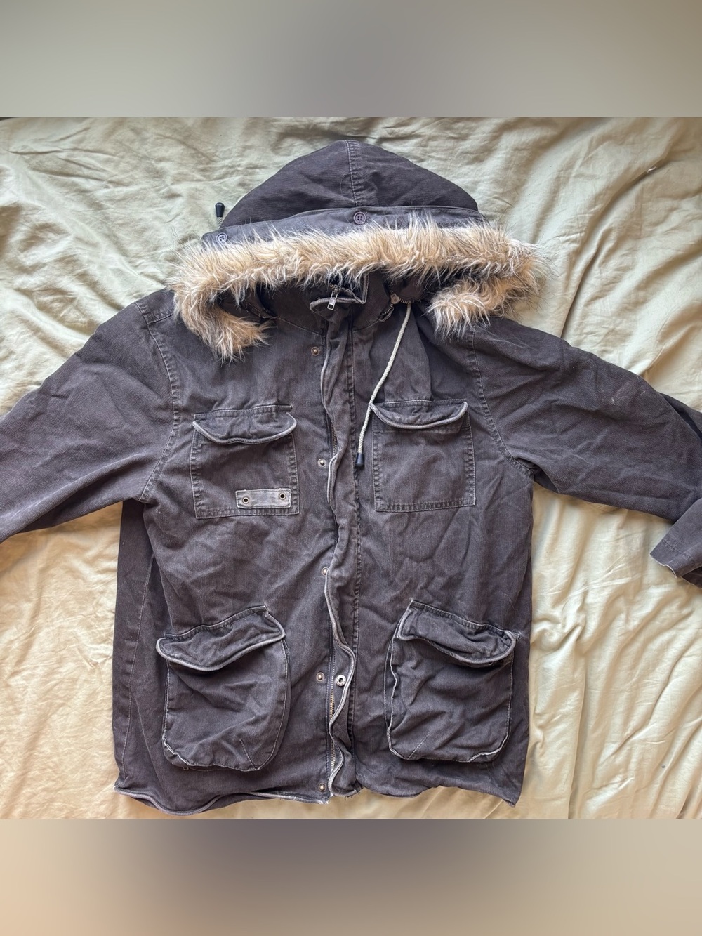 Hooded Parka Jacket in Dark Brown with Faux Fur Trim